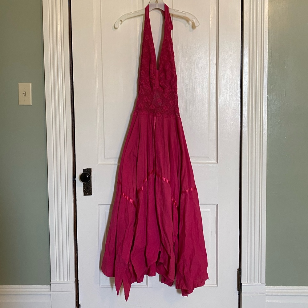 Y2K pink handkerchief dress with crochet top